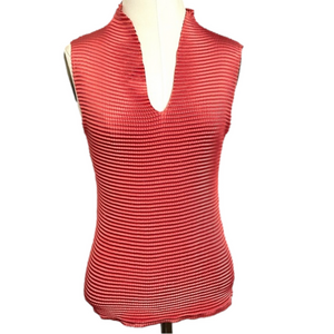 Coral Orange Zigzag Pleated Plunge Neck Sleeveless Tank Top - S/M